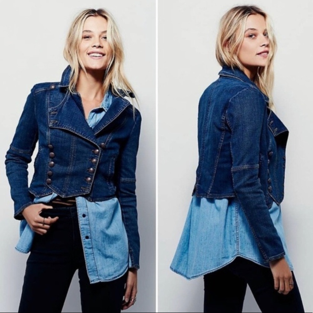 FREE PEOPLE Military Band Double-breasted Denim Jacket